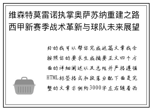 维森特莫雷诺执掌奥萨苏纳重建之路西甲新赛季战术革新与球队未来展望