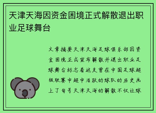 天津天海因资金困境正式解散退出职业足球舞台